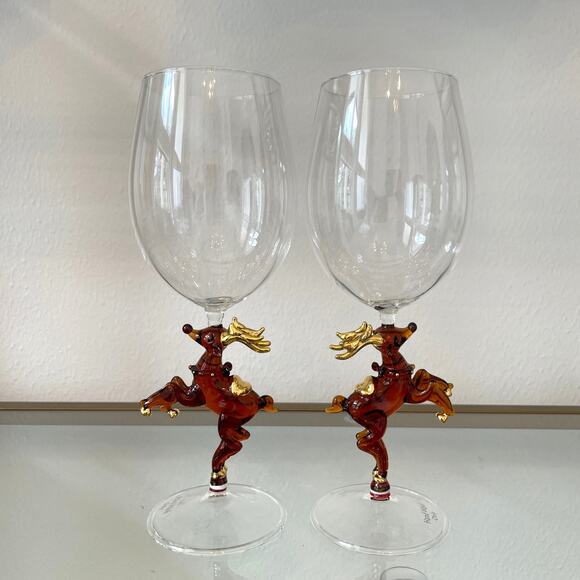 Neiman Marcus Christmas Reindeer Wine Glass Set of 2 in Holiday Red Gift Box NEW - Picture 3 of 13